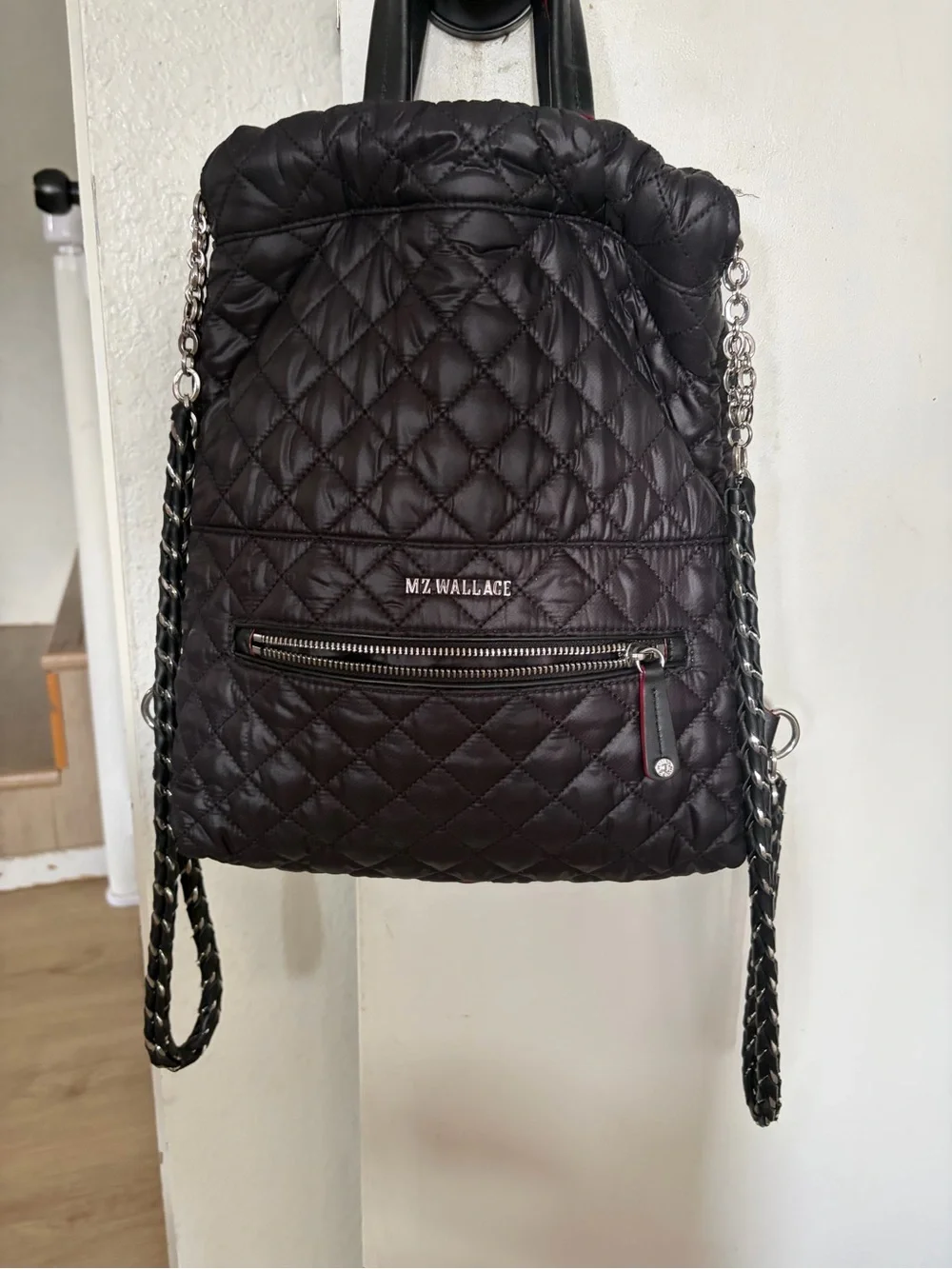 MZ Wallace Quilted Black Nylon Backpack with Chain-Strap Detail